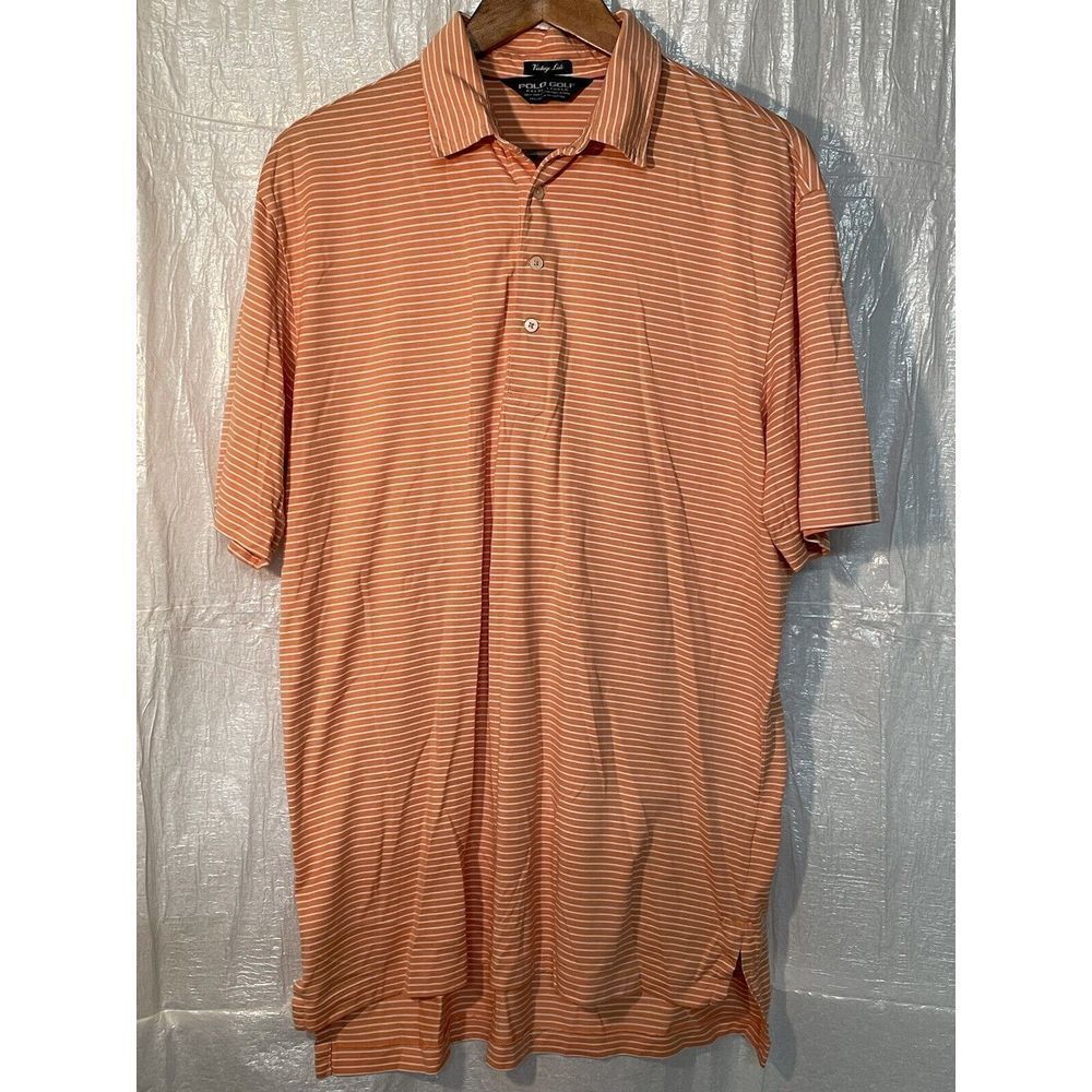 Polo Golf Ralph Lauren Mens Large Orange White Striped Vintage Lisle Pima Cotton